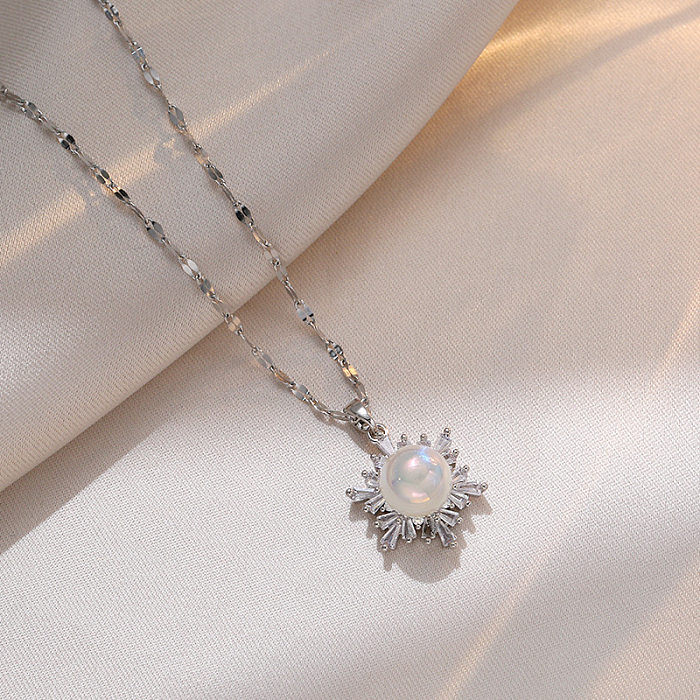 Streetwear Flower Stainless Steel Inlay Artificial Pearls Zircon Pendants Pendant Necklace
