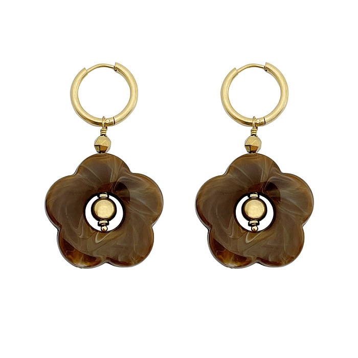 1 paire de boucles d'oreilles pendantes en acier inoxydable plaqué or, Style Vintage, plaqué fleur