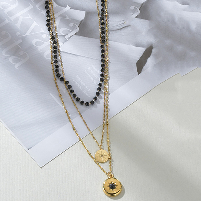 Collier pendentif hip-hop étoile ronde en acier inoxydable, colliers en acier inoxydable avec couches de perles et strass