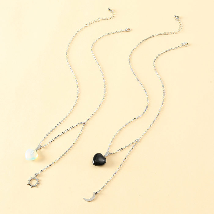 Fashion Stainless Steel  Sun And Moon Friendship Card Heart-Shaped Natural Stone Clavicle Chain