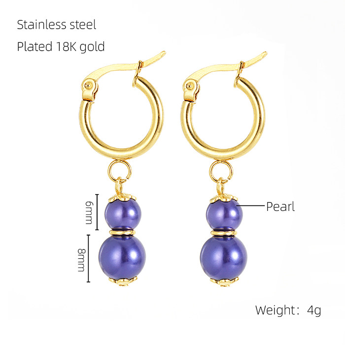 1 Pair Elegant Classical Round Pearl Plating Stainless Steel  18K Gold Plated Drop Earrings