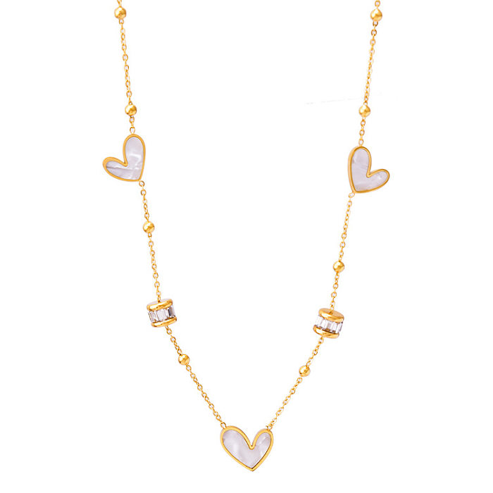 Fashion Heart Shape Stainless Steel Inlay Shell Zircon Necklace
