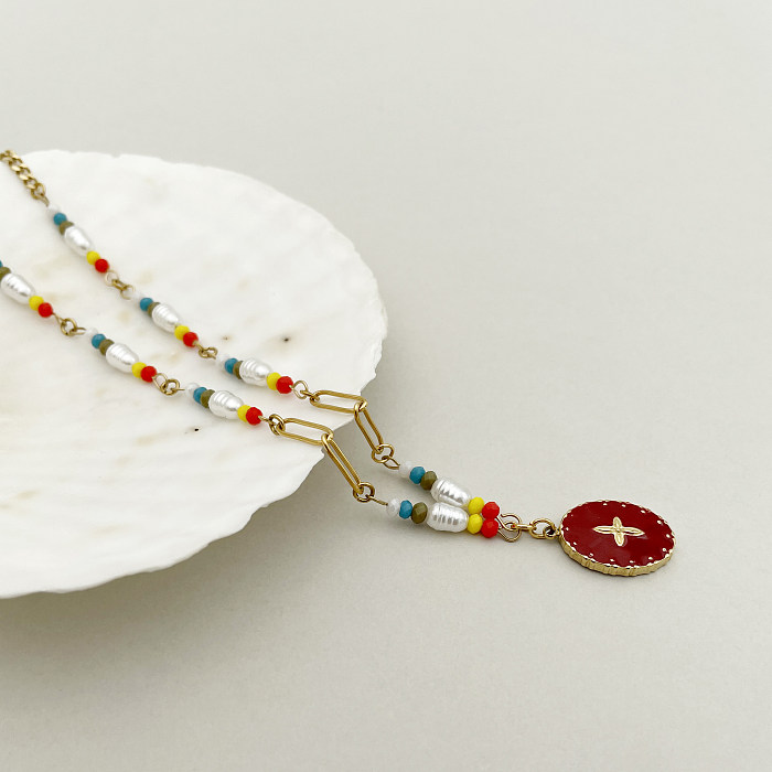 Urlaub Süße vierblättrige Kleeblatt-Anhänger-Halskette aus ovalem Edelstahl mit Perlenimitat, Emaille-Beschichtung, vergoldet