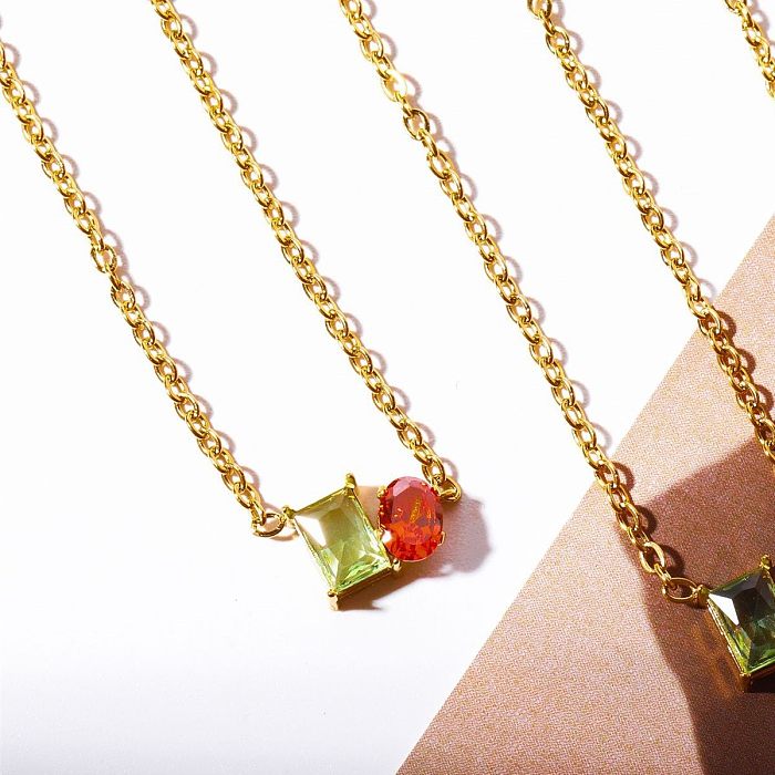 Casual Simple Style Square Stainless Steel  Plating Inlay Zircon 14K Gold Plated Pendant Necklace