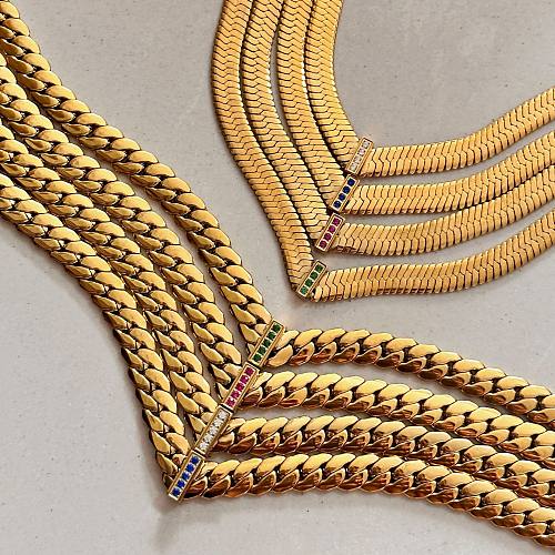 Hip-Hop Geometric Stainless Steel  Gold Plated Zircon Necklace