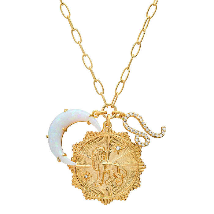 Lässige Retro-Sternbild-Anhänger-Halskette mit Edelstahlbeschichtung, ausgehöhltem Inlay, Opal-Zirkon, 18 Karat vergoldet