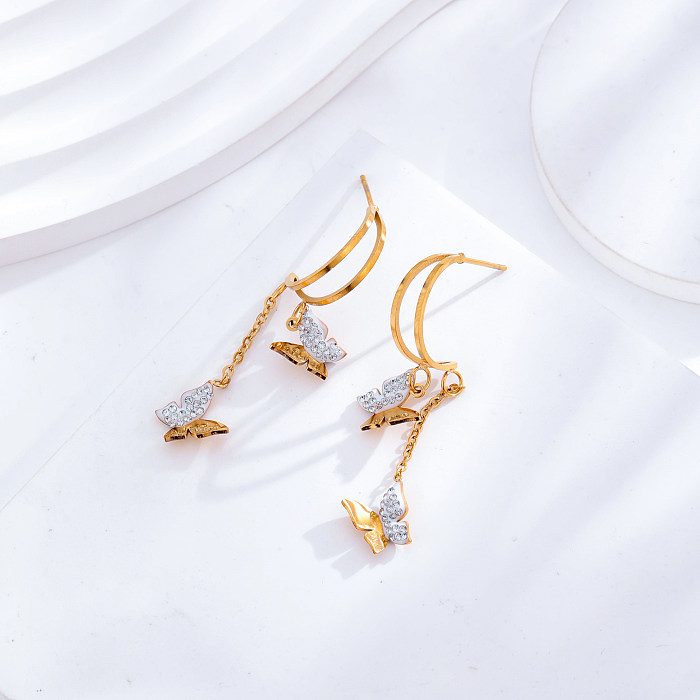 Boucles d'oreilles papillon rondes de Style classique pour femmes, 1 paire, incrustation de placage en acier inoxydable, Zircon plaqué or 24K
