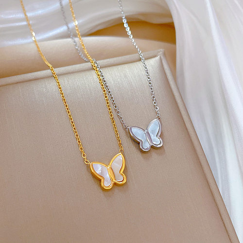 Fashion Butterfly Stainless Steel Inlay Shell Necklace
