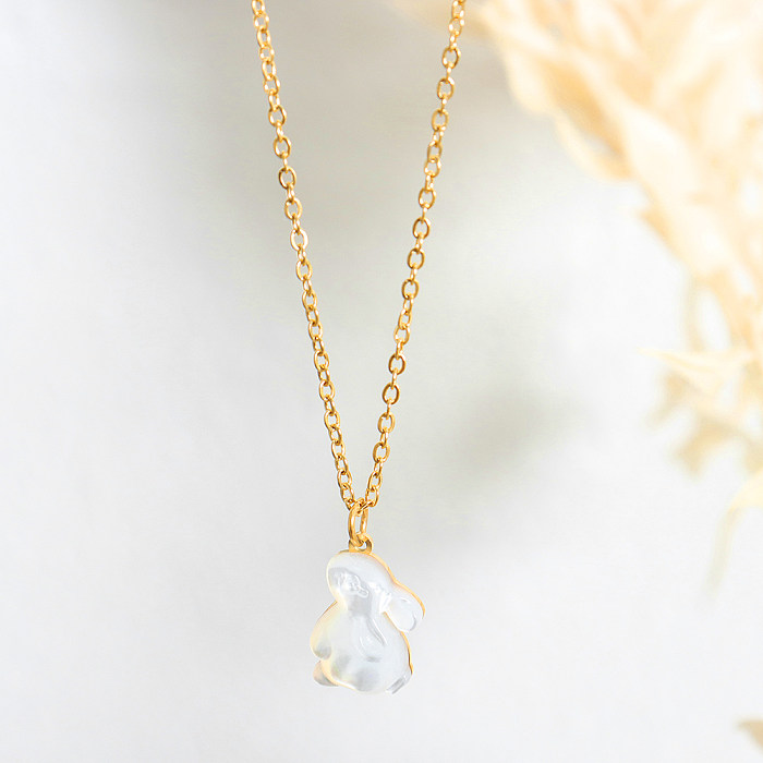 Cute Rabbit Stainless Steel Inlay Shell 18K Gold Plated Pendant Necklace