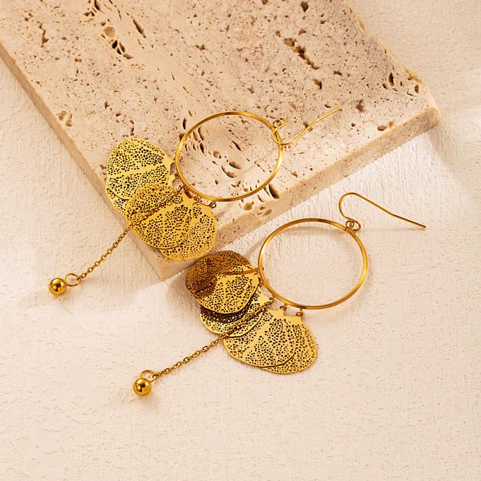 1 Paar elegante runde Blätter-Ohrringe mit Edelstahlbeschichtung, ausgehöhlt, 18 Karat vergoldet