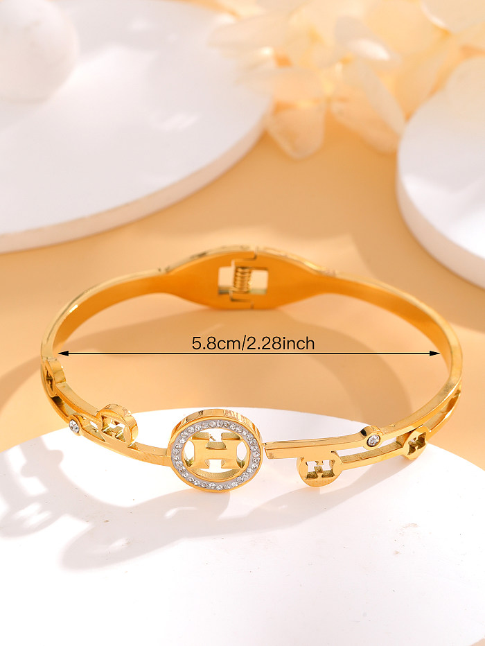 Elegant Cute Shiny Letter Titanium Steel Plating Crystal Rhinestones Zircon 18K Gold Plated Bangle