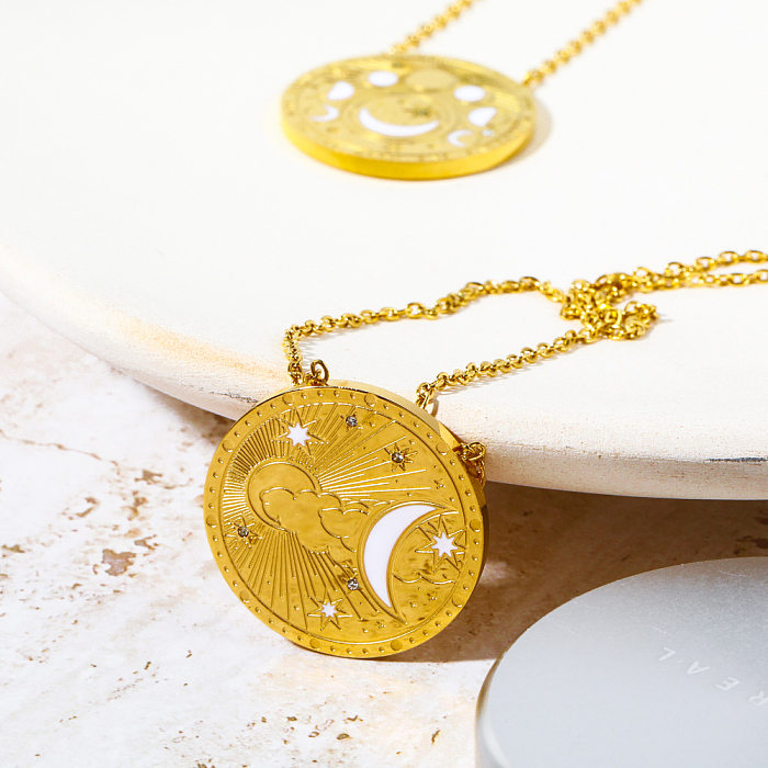 Retro Simple Style Round Devil'S Eye Moon Stainless Steel Enamel Plating 18K Gold Plated Pendant Necklace
