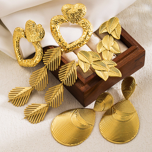 1 par de brincos estilo IG folhas gotas de água formato de coração aço inoxidável banhado a ouro