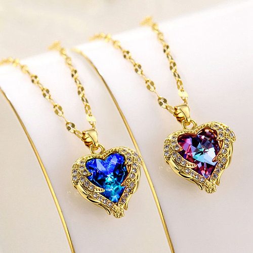 Lady Heart Shape Stainless Steel Inlay Artificial Gemstones Pendant Necklace