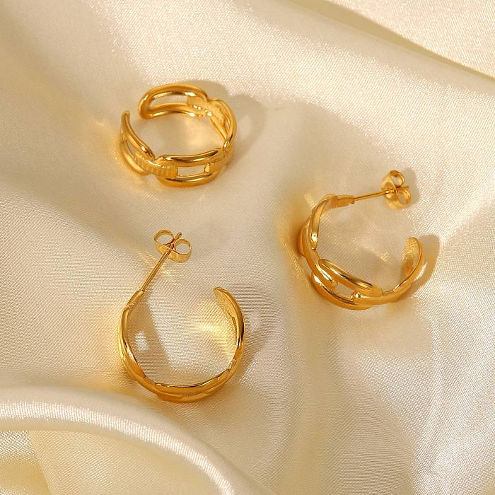 18K Gold Stainless Steel  Coffee Bean Buckle Chain C-Type Earrings Open Ring