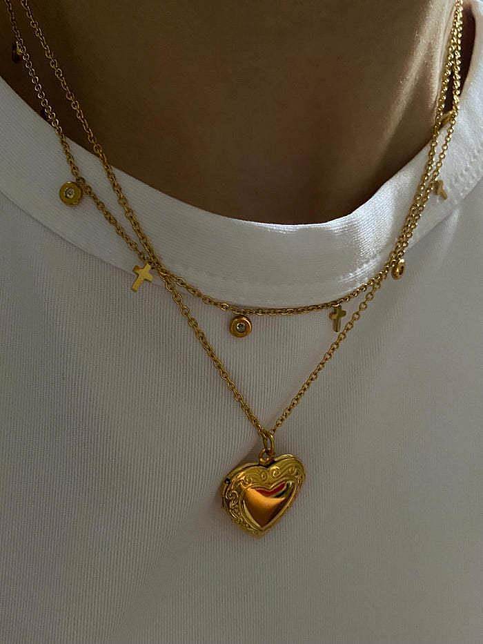 Collier avec pendentif en forme de cœur, incrustation de placage en acier inoxydable, diamant artificiel, 1 pièce