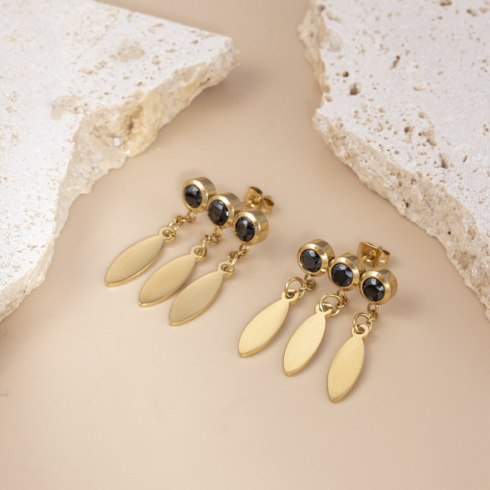 1 paire de boucles d'oreilles pendantes en acier inoxydable et Zircon plaqué or 18 carats, Style Vintage, pampilles en forme de feuilles, incrustation de serpent