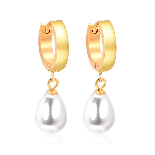 Modische geometrische Edelstahl-Beschichtung, künstliche Perlen, baumelnde Ohrringe, 1 Paar
