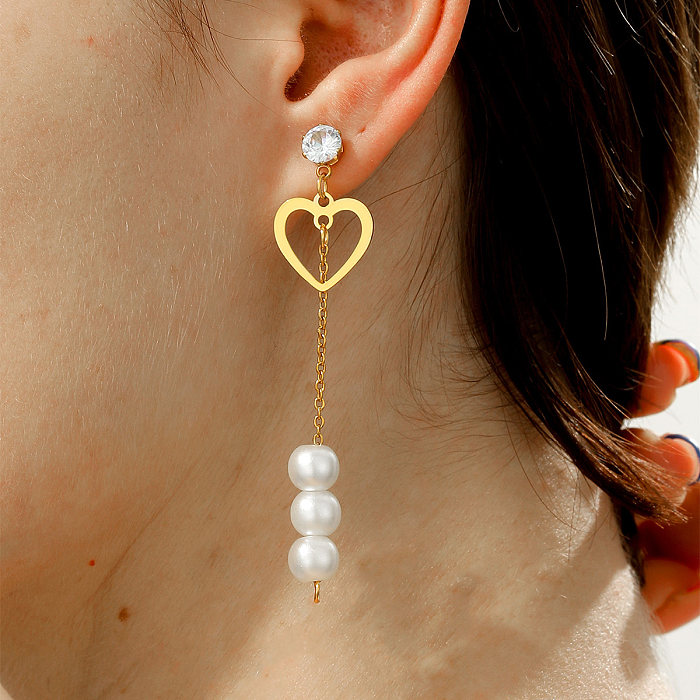Boucles d'oreilles en acier inoxydable, 1 paire, croix de Style Simple, feuille d'érable en forme de cœur, incrustation de perles, Zircon plaqué or