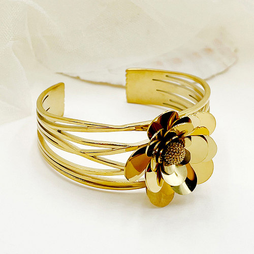 Elegante estilo vintage flor doce revestimento de polimento de aço inoxidável pulseira banhada a ouro