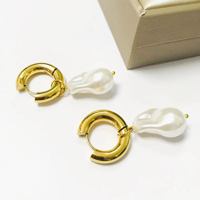 Modische geometrische Edelstahl-Tropfenohrringe mit vergoldeten künstlichen Perlen, 1 Paar