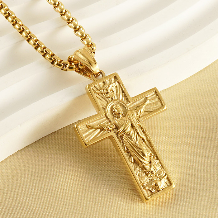 Collier avec pendentif croix rétro en acier inoxydable plaqué or 1 carats, 18 pièce, vente en gros