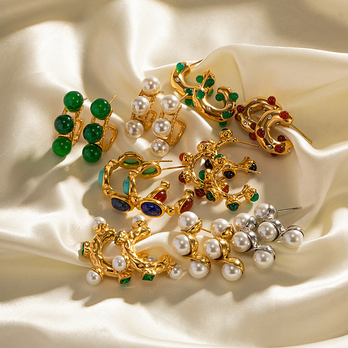 1 Paar elegante, luxuriöse C-förmige Ohrstecker aus Edelstahl mit künstlichen Perlen und Zirkon, 18 Karat vergoldet