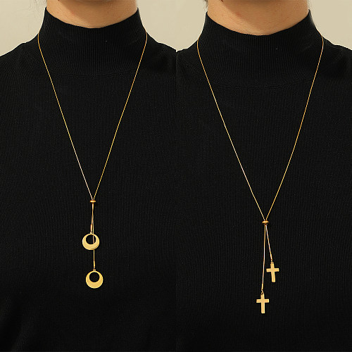 Collier avec pendentif en forme de croix ronde en acier inoxydable plaqué or 18 carats, style simple et décontracté