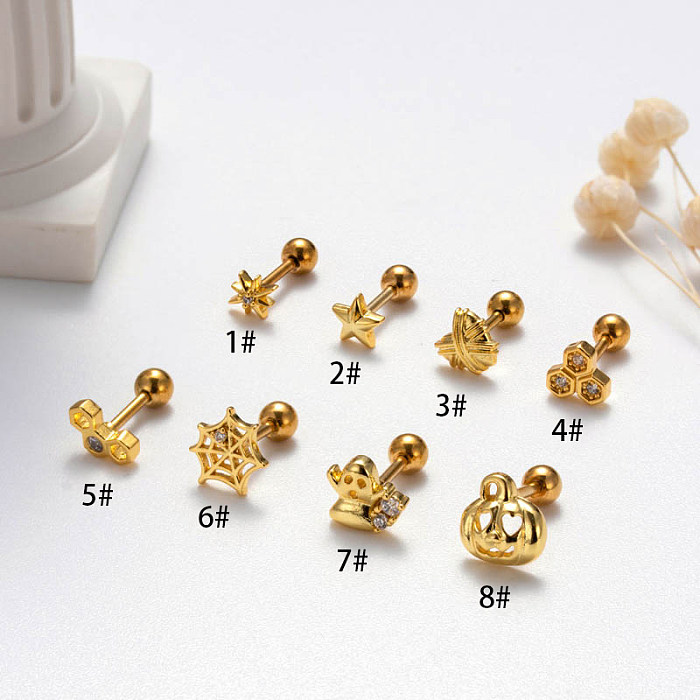 1 Piece Retro Funny Pentagram Pumpkin Heart Shape Plating Inlay Stainless Steel  Zircon 18K Gold Plated Cartilage Earrings