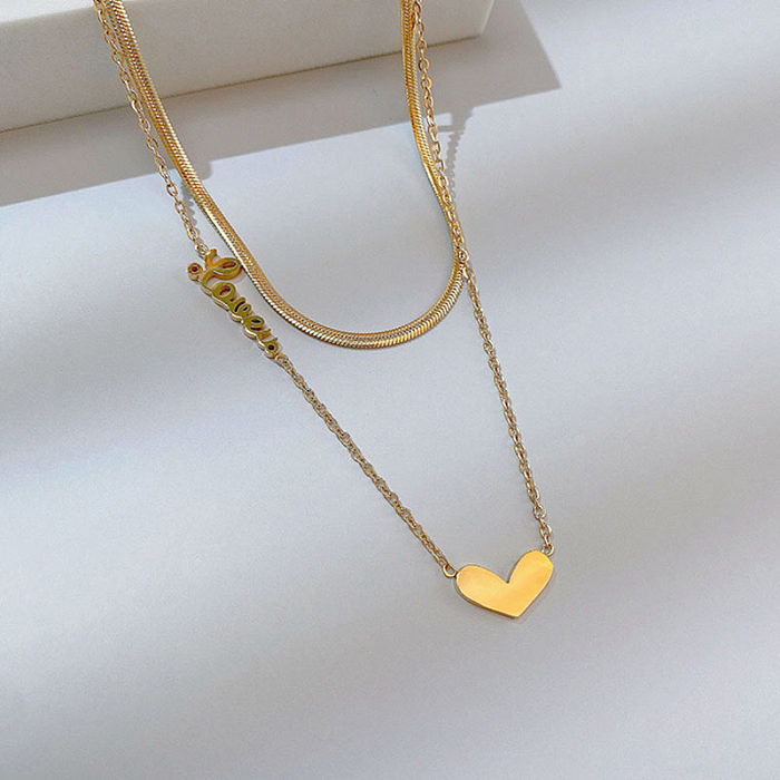 قلادات ذات طبقات من الفولاذ المقاوم للصدأ على شكل قلب بأسلوب بسيط ومطلية بالذهب عيار 18 قيراط