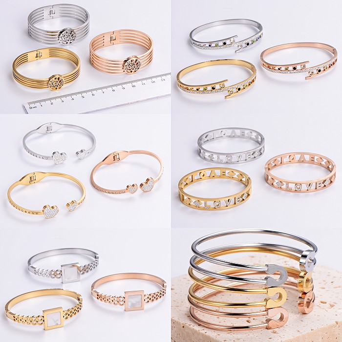 Simple Style Love Tree Heart Shape Stainless Steel Plating Hollow Out Artificial Rhinestones 18K Gold Plated Rose Gold Plated Bangle