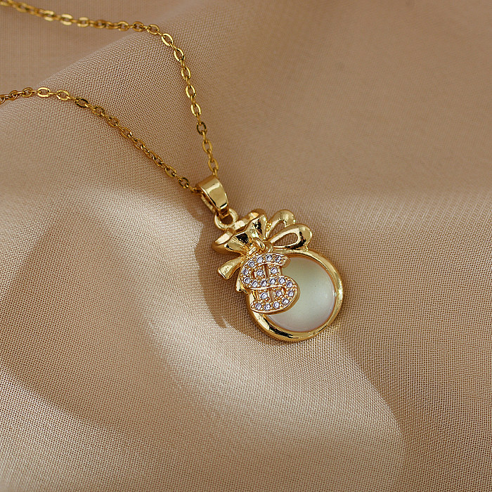 Elegant Streetwear Bow Knot Stainless Steel Copper Plating Inlay Opal Zircon Pendant Necklace