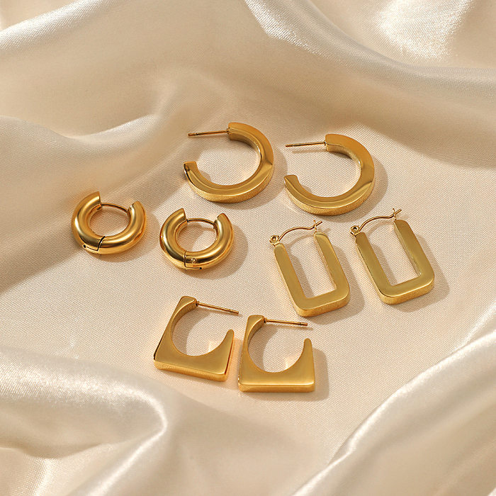 Brincos geométricos banhados a ouro em aço inoxidável estilo francês 1 par