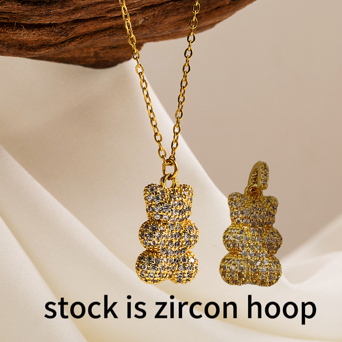Cute Little Bear Stainless Steel  Copper Zircon 18K Gold Plated Necklace Pendant