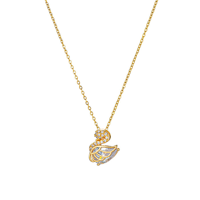 Collier pendentif élégant et simple en forme de cygne en acier inoxydable avec incrustation de diamant plaqué or 18 carats