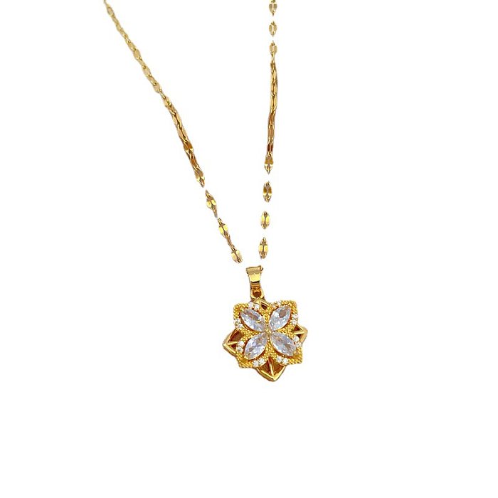 Collier avec pendentif en diamant artificiel, fleur à la mode, incrustation de cuivre en acier inoxydable