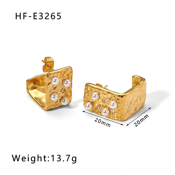 1 Paar lässige quadratische Ohrstecker im IG-Stil mit Inlay aus Edelstahl, Perle und Zirkon, 18 Karat vergoldet