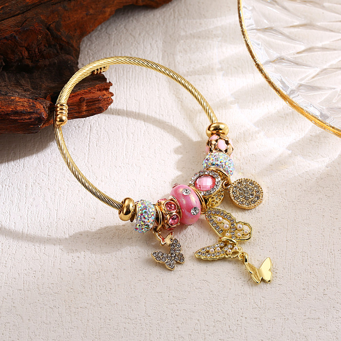 Bracelet élégant et mignon en forme de cœur, libellule et papillon, en alliage d'acier inoxydable, incrustation de perles et de strass