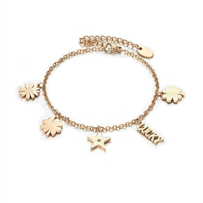 Casual estilo simples estilo clássico girassol carta estrela aço inoxidável titânio polimento chapeamento incrustação diamante artificial rosa banhado a ouro pulseiras