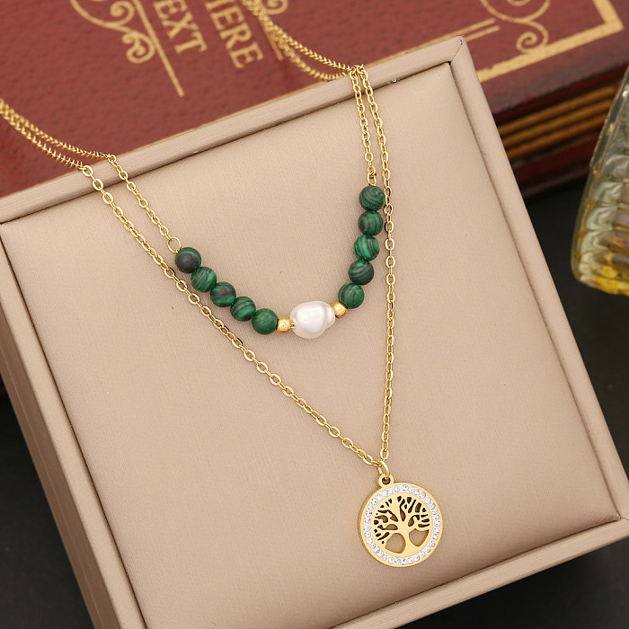 Retro Tree Heart Shape Eye Stainless Steel  Malachite Inlay Artificial Diamond Pearl Layered Necklaces