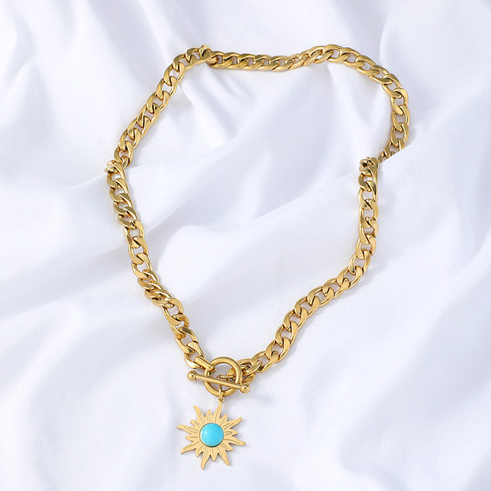 Schlichte Halskette mit Sonnenblumen-Türkis-Anhänger aus Edelstahl