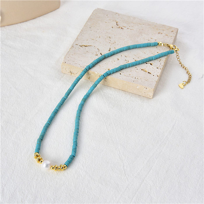 Hip-Hop Retro Round Turquoise Stainless Steel Beaded Necklace