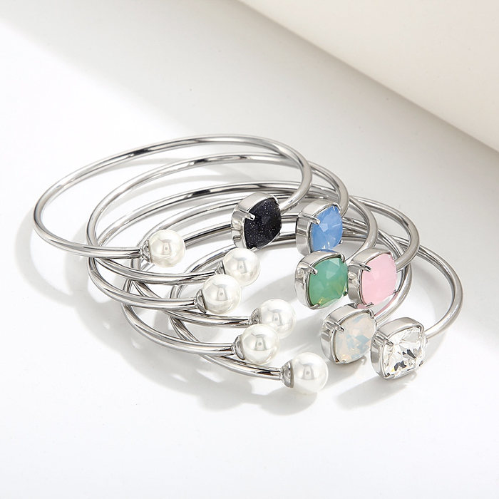 Bracelets de manchette plaqués or 18 carats, Style Simple rétro, incrustation carrée en titane et acier, pierre précieuse en verre, perle