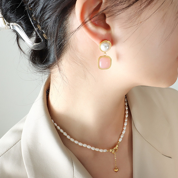 1 paire de boucles d'oreilles rondes et carrées en acier inoxydable, Style Vintage élégant, incrustation de perles artificielles en Jade plaqué or 18 carats