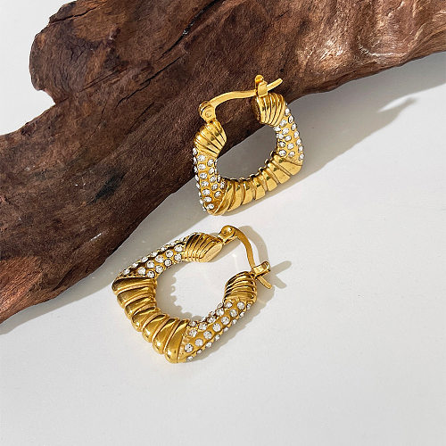 1 Pair IG Style U Shape Stripe Plating Inlay Stainless Steel  Rhinestones 18K Gold Plated Earrings