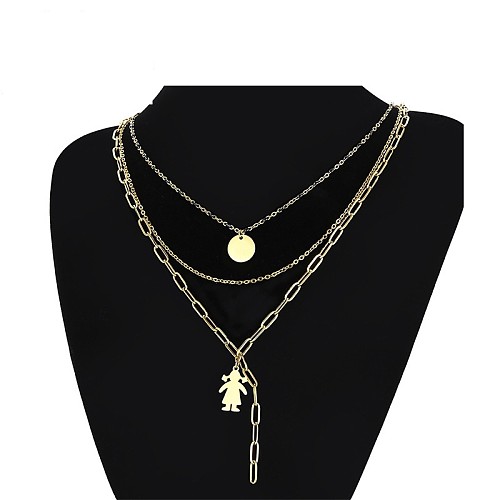 Einfache dreischichtige Halskette mit runder Platte aus Edelstahl und Gold für Damen