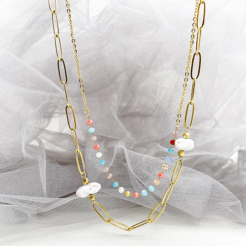 Lässige, süße, unregelmäßige, imitierte Perlenkristall-Polierbeschichtung aus Edelstahl mit vergoldeten, geschichteten Halsketten