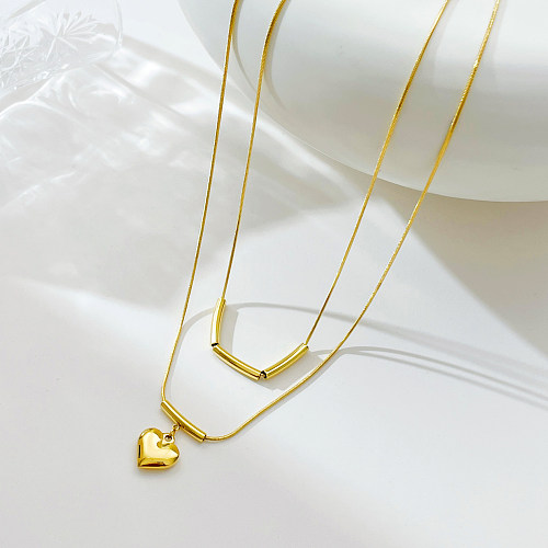 Hip-Hop Simple Style Heart Shape Stainless Steel  Plating Gold Plated Double Layer Necklaces
