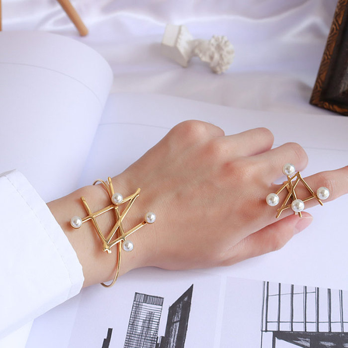 Fashion Style Geometric Pearl Titanium Steel Gold Plated Bracelet Ring
