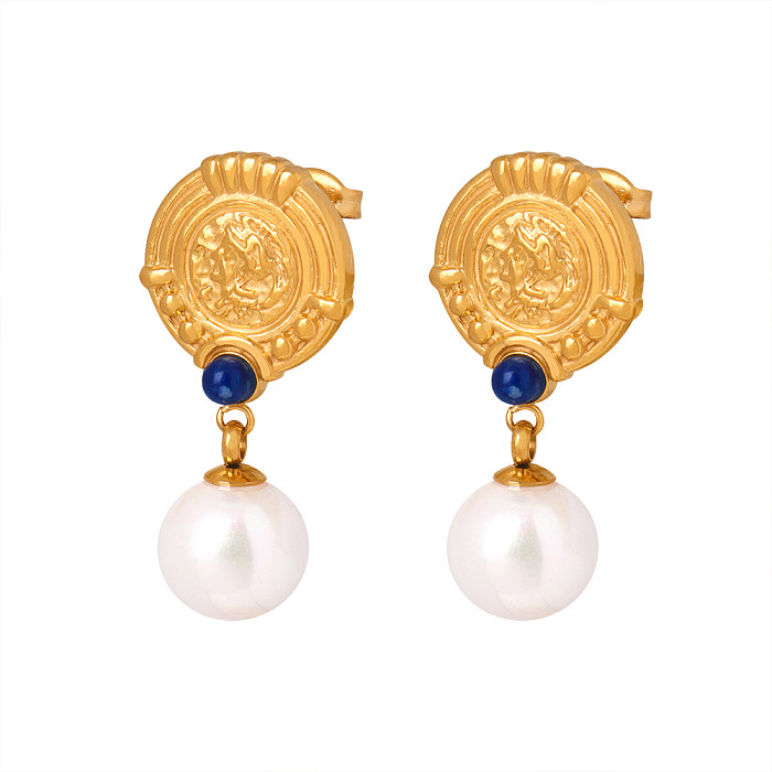 1 Paar elegante runde Ohrhänger im IG-Stil mit Inlay aus Edelstahl, Glasperlen und Perlen, 18 Karat vergoldet